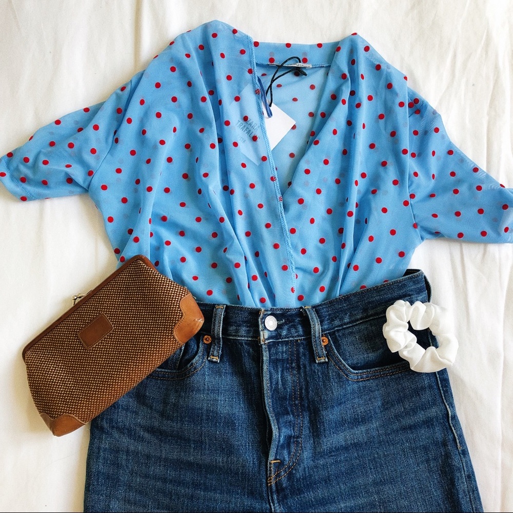 Zara blue and black polka dot top ✨